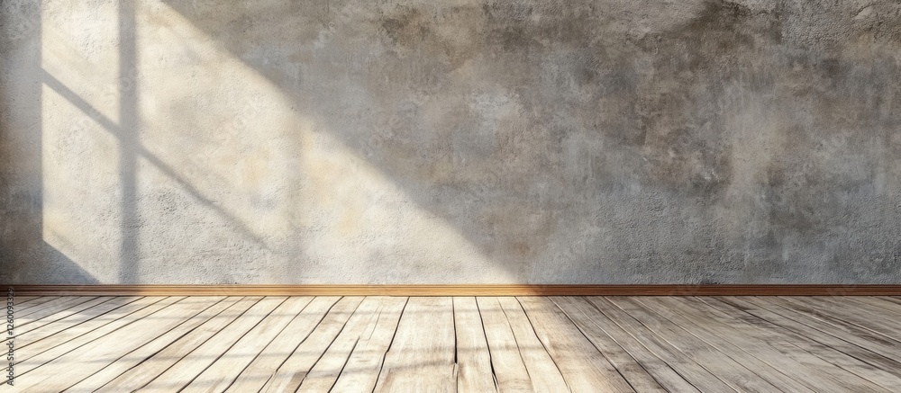 Aufkleber blank frames mockup on a textured grey wall with soft light casting shadows, set on a warm wooden fl