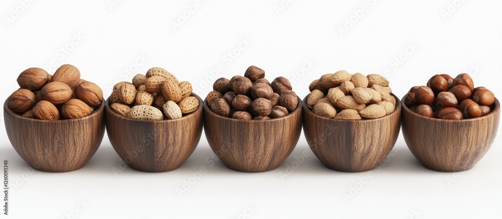 Poster assorted wooden bowls filled with a variety of nuts including almonds hazelnuts walnuts pecans and m