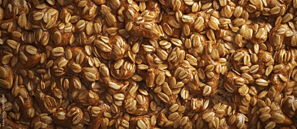 Poster golden brown oat grains spread out in aerial view creating a textured background ideal for food or b