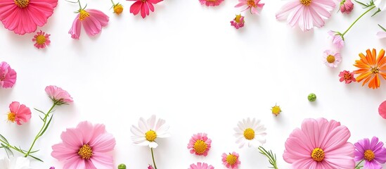 Colorful assortment of pink, white, and orange flowers arranged in a circular frame on a clean white background, creating a fresh and vibrant ambiance.
