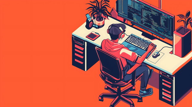Software developer coding on a computer. Professional programmer working on application development, writing code, and testing software. IT specialist at work, technology and innovation background.