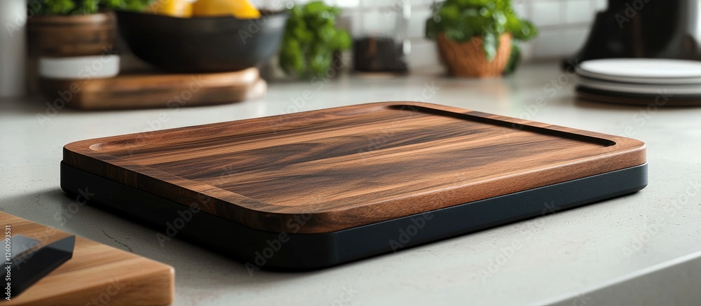 Poster chic wooden cutting board with non-slip rubber edges on a light countertop surrounded by greenery an