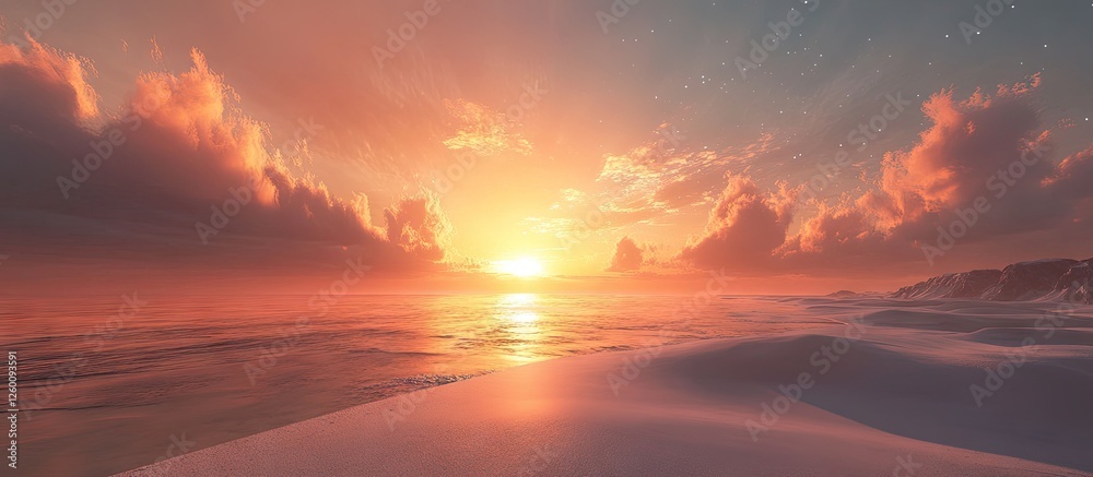 Aufkleber vibrant orange sunset over tranquil beach with soft clouds reflecting on calm water creating a seren