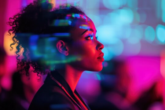 Futuristic hybrid conference with live speaker and holographic audience, innovative business event merging technology and virtual interaction