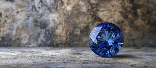 Ceylon blue sapphire gemstone with brilliant facets positioned on a textured gray cement wall background featuring deep blue tones.