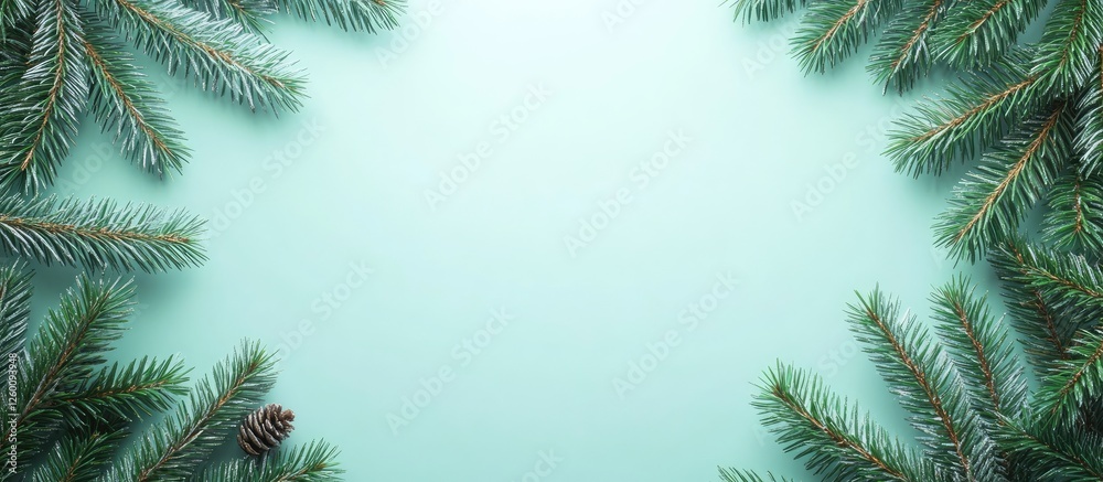 Poster Christmas themed frame with decorative fir tree branches in dark green positioned along the edges, set against a soft mint background with ample text space.