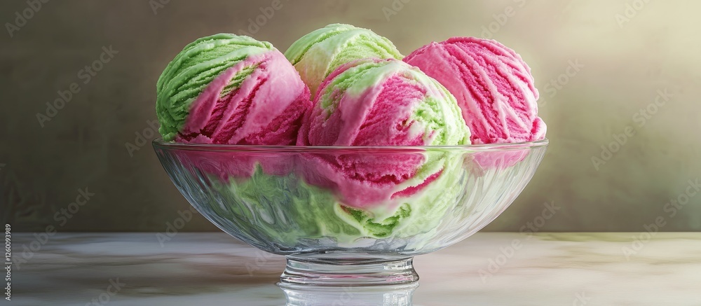 Poster colorful ice cream scoops in pink and green shades arranged in a glass bowl on a neutral background 