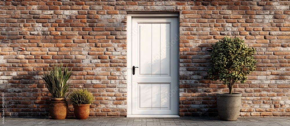 Poster charming white door framed by rustic brick wall with textured warm tones and greenery in terracotta 