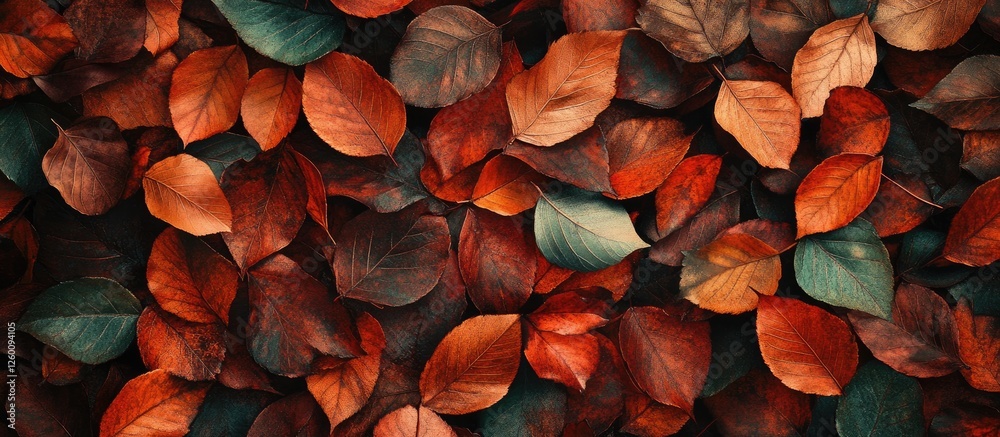 Aufkleber autumn leaves in vibrant red and orange hues scattered randomly on a dark background creating a warm