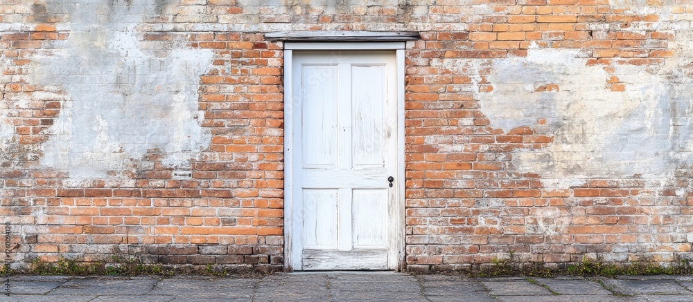 Poster classic white door positioned centrally against a rustic red and gray brick wall, highlighting a cha