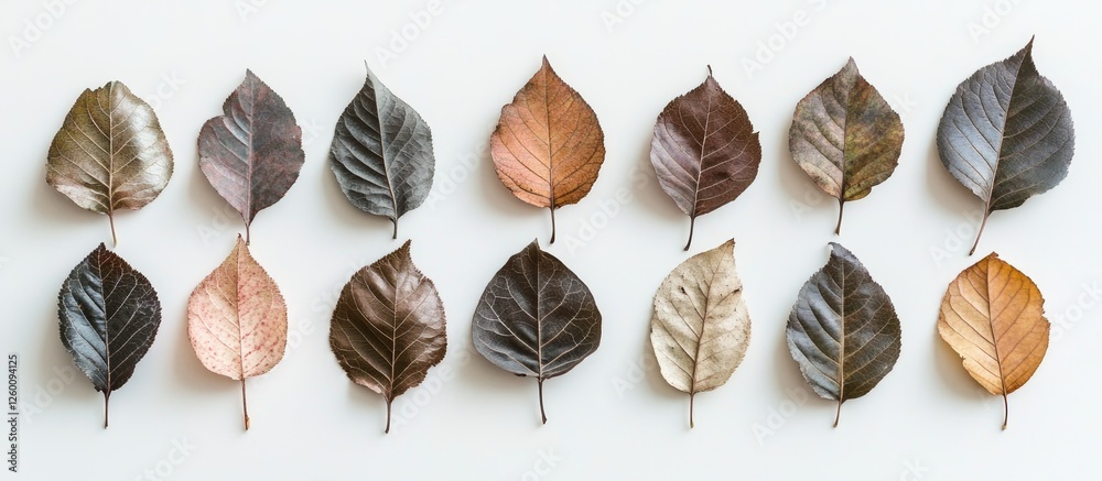 Aufkleber autumn leaves in varied earthy tones arranged in a neat row on a clean white background flatlay mini