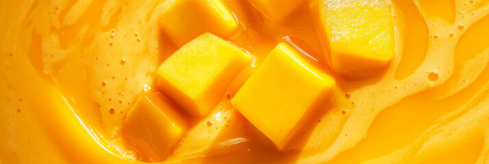 Creamy golden milk with refreshing mango ripples and chunks showcased from above
