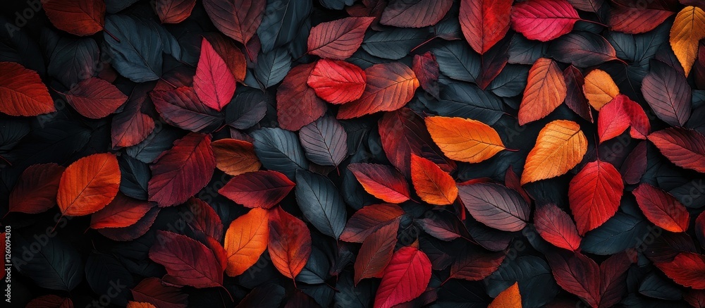 Poster autumn leaf composition featuring vibrant orange and dark red leaves scattered on a textured dark ba