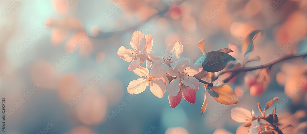 Aufkleber delicate apple tree blossoms in soft pink and white hues against a dreamy blurred blue background cr