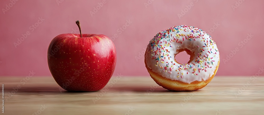 Poster red apple on the left and a frosted donut with sprinkles on the right, positioned on a light wooden 