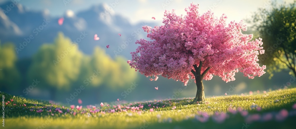 Aufkleber blossoming pink tree on a soft green meadow with blurred mountains in the background, delicate sprin
