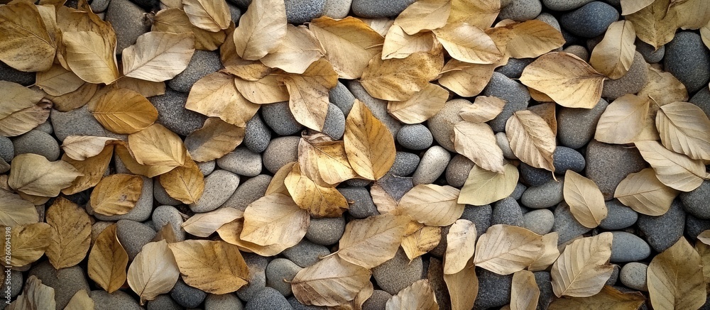 Poster autumn composition with dried maple leaves in golden hues scattered over smooth grey and beige pebbl