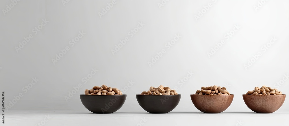 Poster bowls of cashew nuts in black and brown positioned on a light background with ample negative space h
