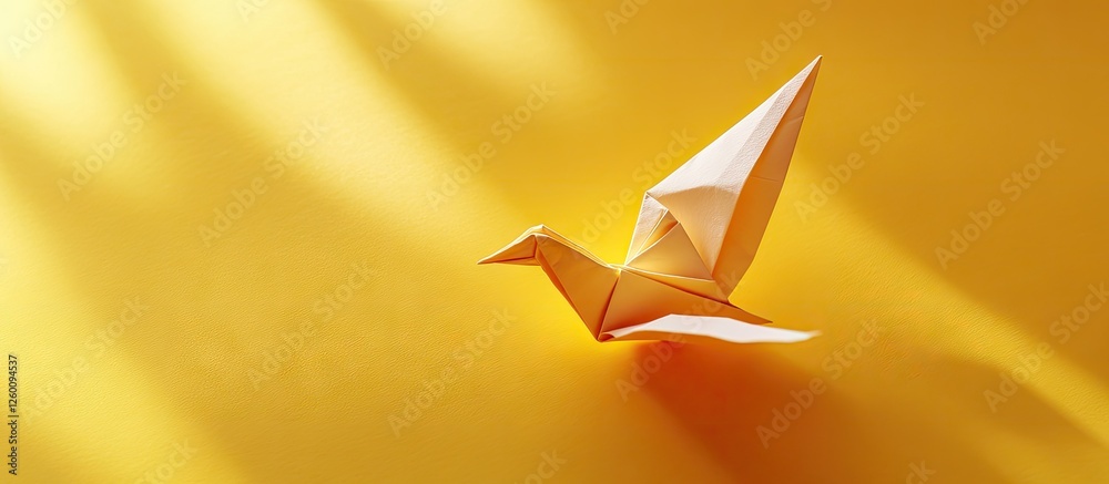 Fototapete yellow origami bird positioned right side against vibrant yellow background with soft lighting creat