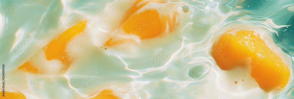 Poster dynamic swirling hazelnut milk infused with vibrant mango slices and rippling textures