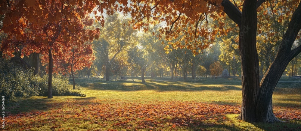 Aufkleber vibrant autumn park scene with golden foliage on trees and ground, sunlight filtering through leaves