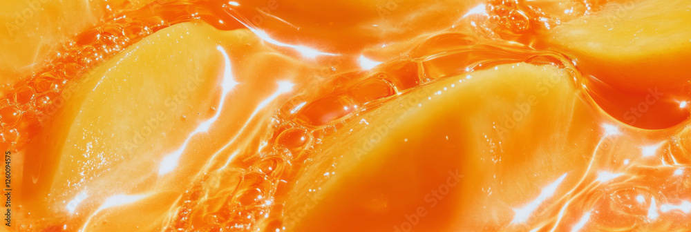 Poster swirling hazelnut milk blends with vibrant mango slices creating a dynamic design