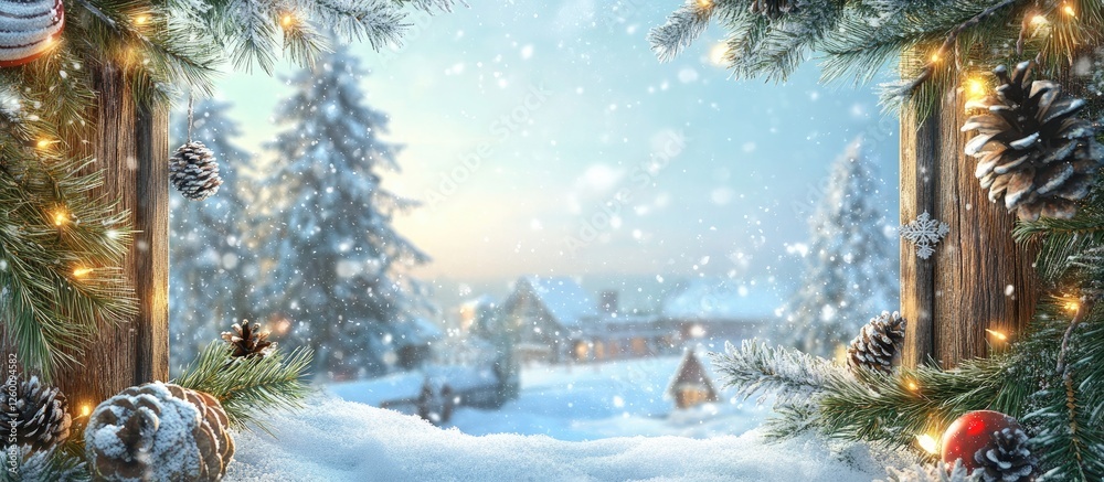 Poster Winter scene through a rustic window with snowy trees and twinkling lights framed by pine cones, creating a cozy holiday atmosphere.