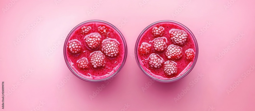 Aufkleber vibrant pink background highlighting two bowls of berry smoothie topped with fresh raspberries creat