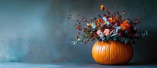 Autumn floral arrangement in bright orange pumpkin positioned to the right against a soft blue-gray background showcasing vibrant colors.