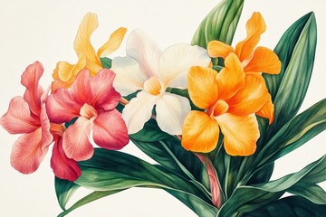 Obraz premium Beautiful bouquet of colorful orchids showcasing vibrant petals and lush green leaves in a serene arrangement
