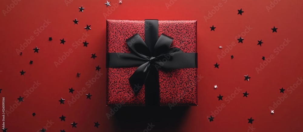 Poster red gift box with black ribbon centered on vibrant red background adorned with black stars and glitt