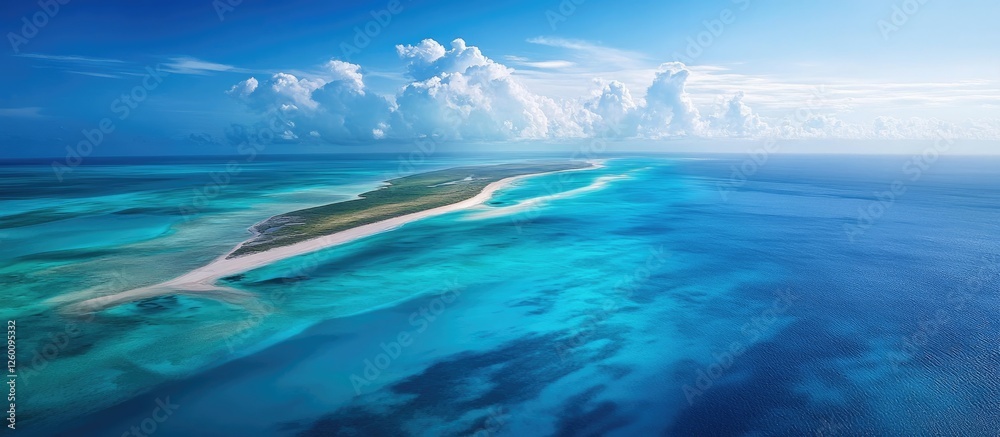 Aufkleber aerial view of a tranquil turquoise ocean merging with a sandy island, bright blue sky above with fl