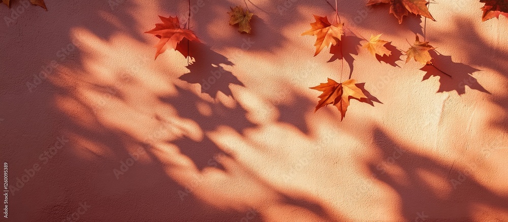Fototapete Autumnal scene with red maple leaves casting shadows on a warm peach wall background golden light creating a serene atmospheric effect