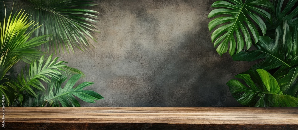 Aufkleber Lush green tropical leaves frame a rustic wooden tabletop against a textured grey background, creating a serene and inviting atmosphere.