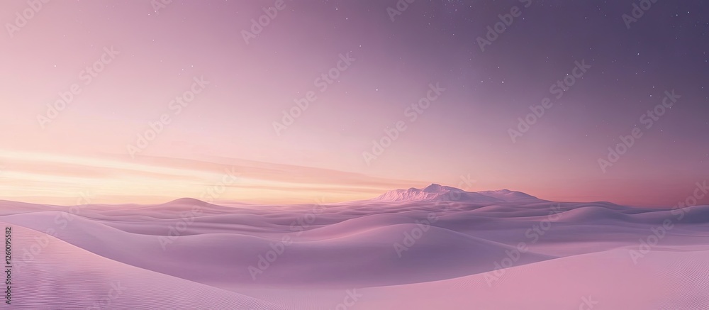 Poster serene pastel hues of dawn light gently illuminate smooth snow-covered dunes with distant mountains 