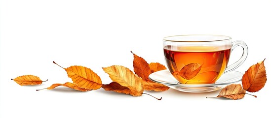 Autumn still life with a clear teacup filled with amber tea, surrounded by scattered orange leaves on a bright white background.