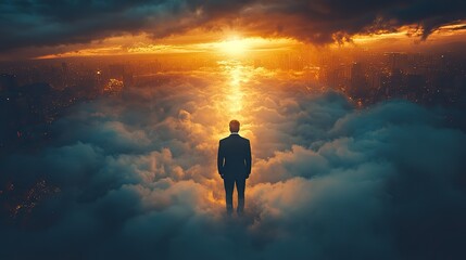 Obraz premium facing my faith conceptual image of a businessman standing in the middle of the clouds