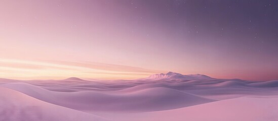 Fototapeta premium Serene pastel hues of dawn light gently illuminate smooth snow-covered dunes with distant mountains under a tranquil sky blending soft pink and lavender.