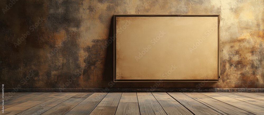 Aufkleber blank canvas resting against a textured brown wall with wooden floor displayed in warm tones and sof