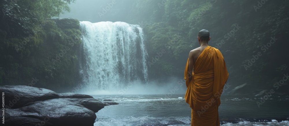 Poster serene buddhist monk in saffron robes stands by tranquil waterfall surrounded by lush greenery under