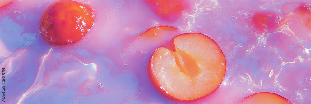 Poster Lavender milk swirls with plum as sliced plums float on top in a colorful display
