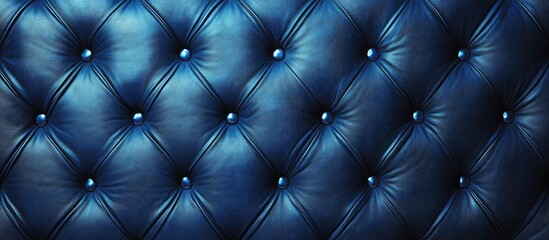 Blue tufted leather background with deep navy hues and shiny button details creating a soft textured appearance arranged symmetrically across the image.