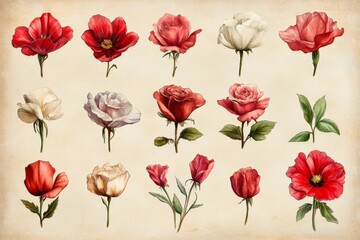 Beautiful collection of assorted floral illustrations showcasing various types of roses and poppies on a vintage background
