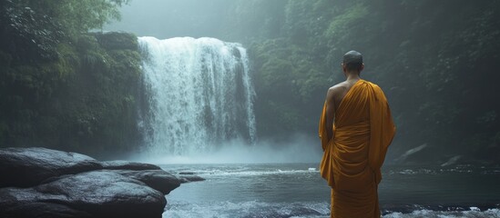 Obraz premium Serene Buddhist monk in saffron robes stands by tranquil waterfall surrounded by lush greenery under soft misty light creating peaceful ambiance