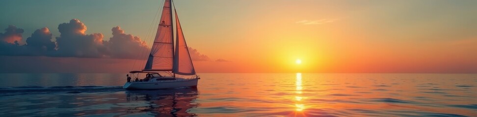 Obraz premium Sailboat gliding on calm ocean towards rising sun, vibrant, vessel, maritime