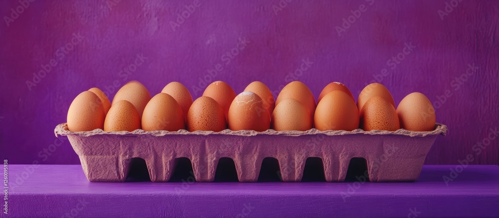 Aufkleber wooden carton filled with brown eggs positioned on a vibrant purple background creating a striking v