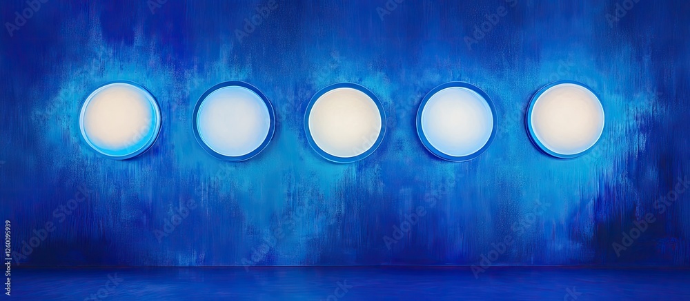 Aufkleber Circular blue backdrop with five vibrant blue illuminated circles in a row featuring soft white centers creating a striking visual contrast.
