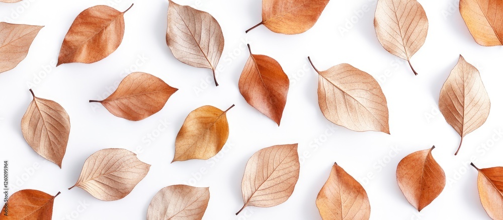 Poster Autumn leaves in various shades of orange and brown arranged flat on white background creating a textured fall composition with ample copy space.
