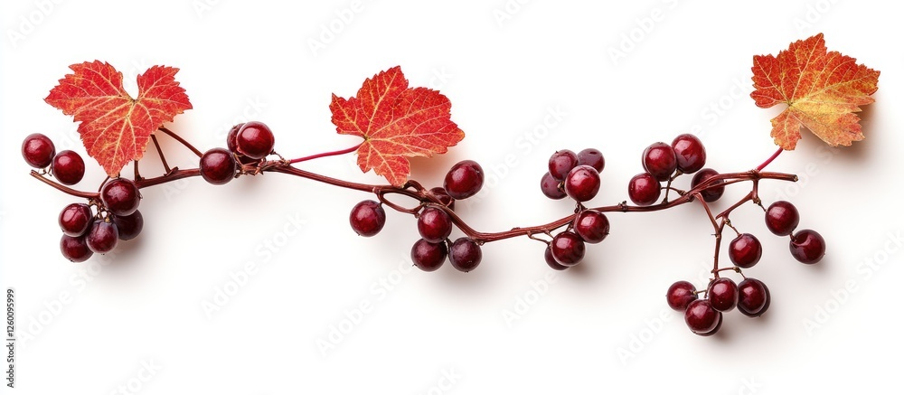 Poster Autumnal red wild grape branch with vibrant red leaves and dark grapes neatly arranged horizontally on a clean white background.