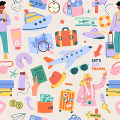 Seamless travel pattern with hand drawn elements